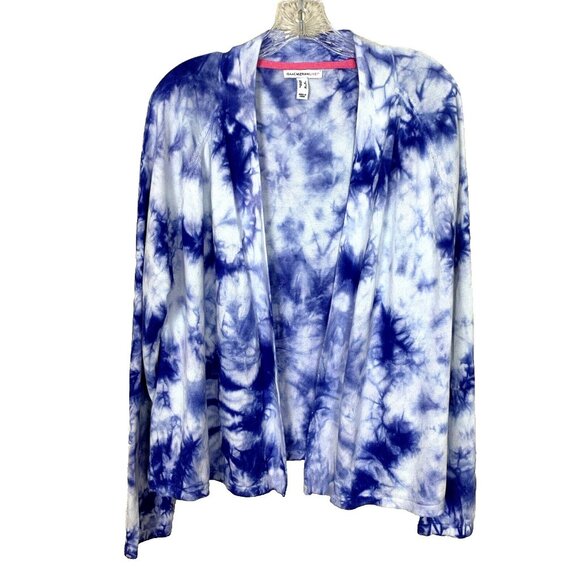 Isaac Mizrahi Sweaters - Isaac Mizrahi Live Womens Cardigan Sweater L Knit Blue Tie Dye Open Rayon White